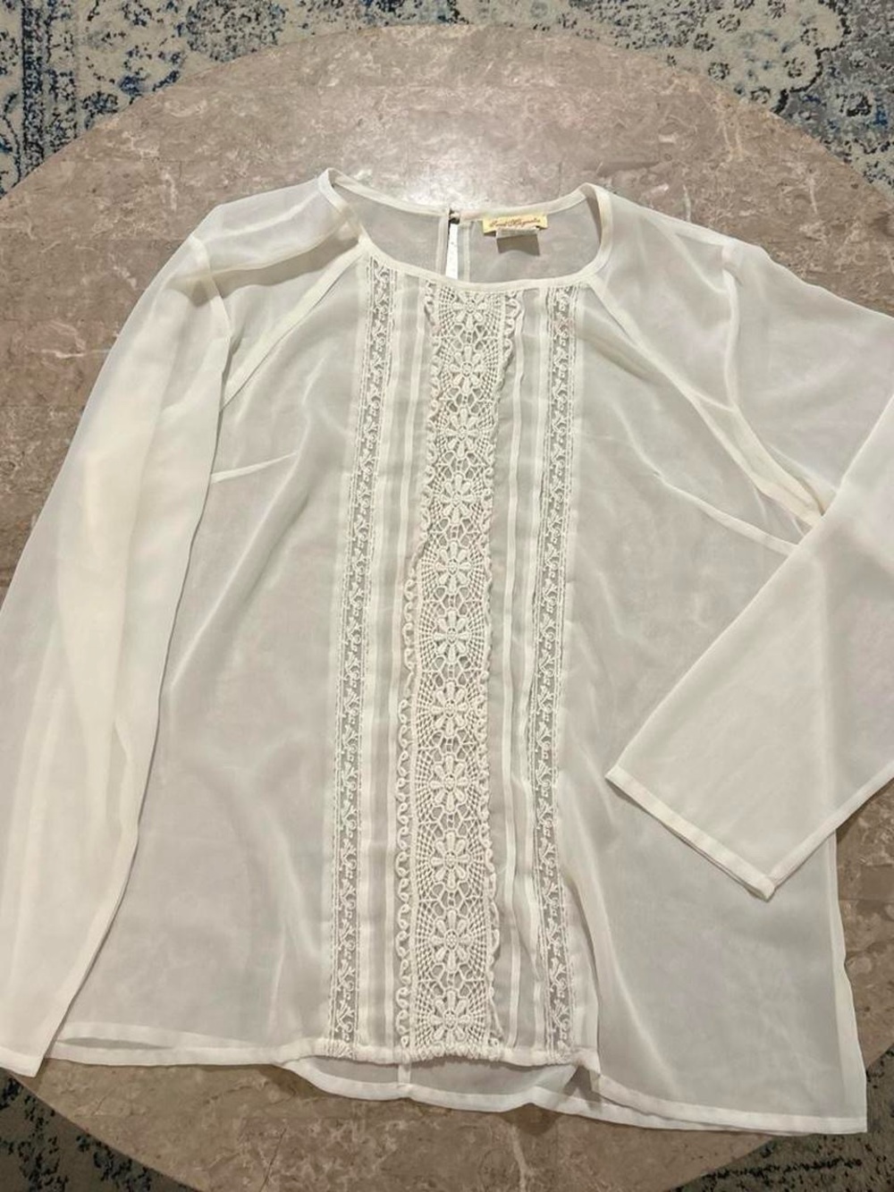 Women's White Sheer Blouse with Crochet-Front Panel